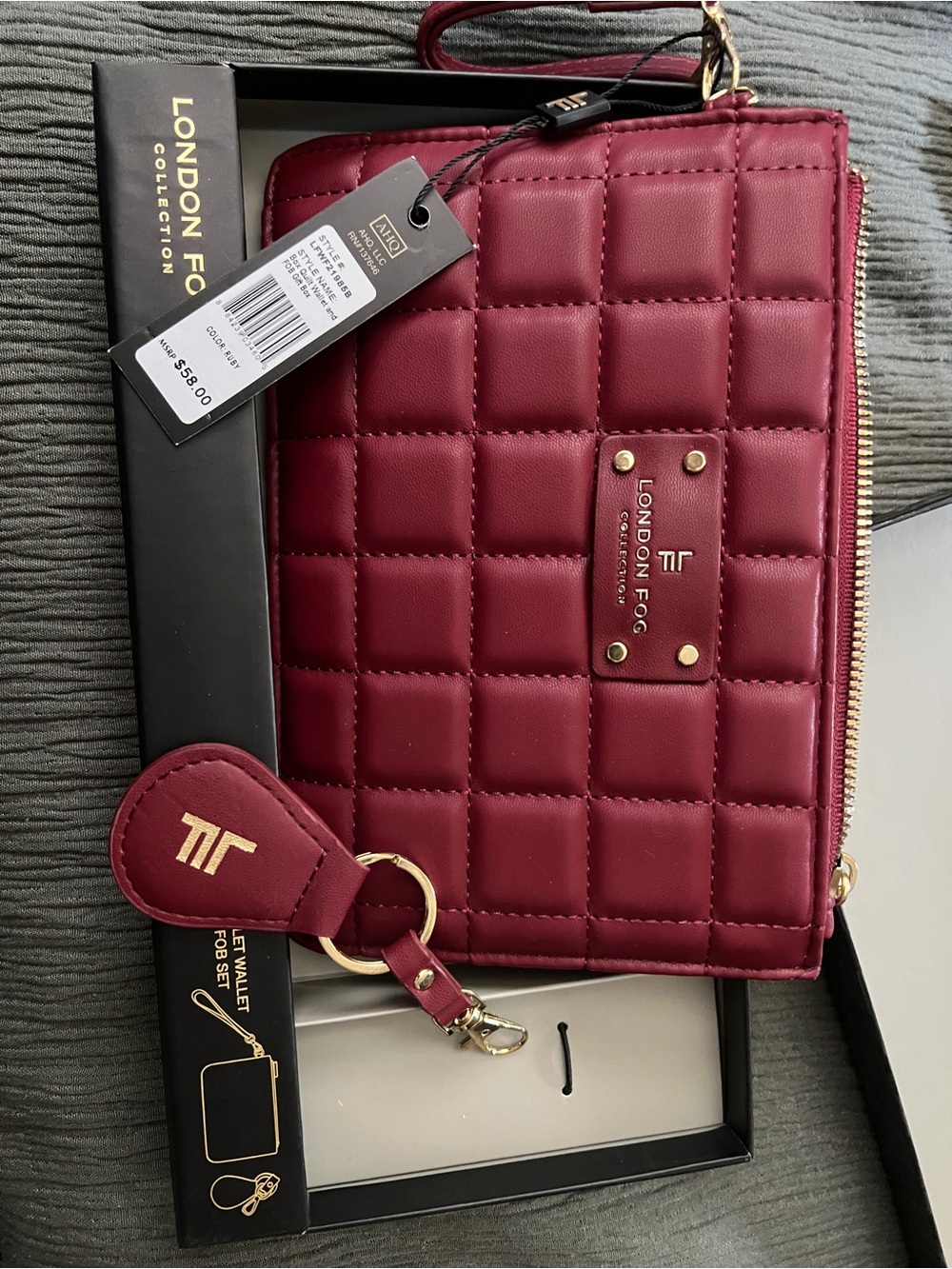 London Fog Quilted Wine Red Wristlet with Gold Accents